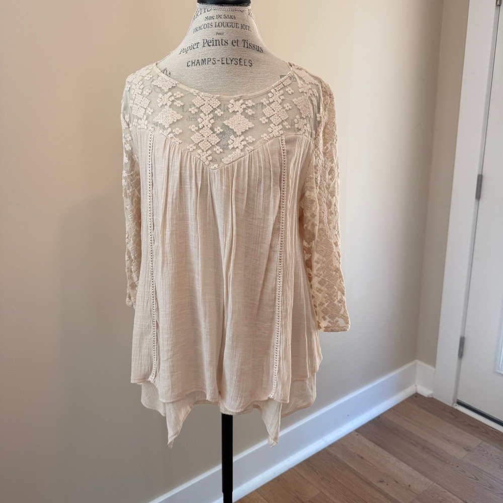 John Paul Richard Women's Ivory Boho Asymmetrical Lace Sleeves Blouse Size XL